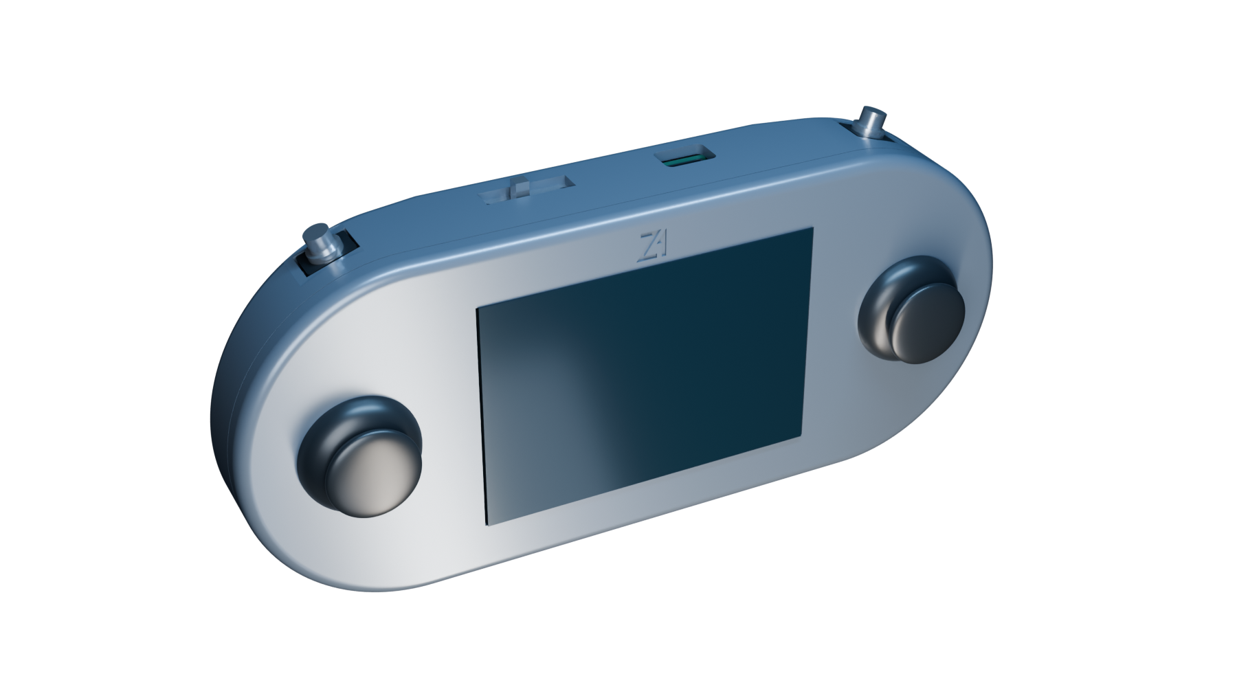 Z1 handheld console in graphite, with twin joysticks and a central screen, viewed from above at an angle.